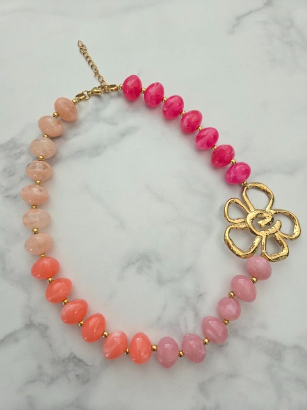 Pink Multicolor Beaded Gold Flower Statement Necklace - Picture 5 of 15